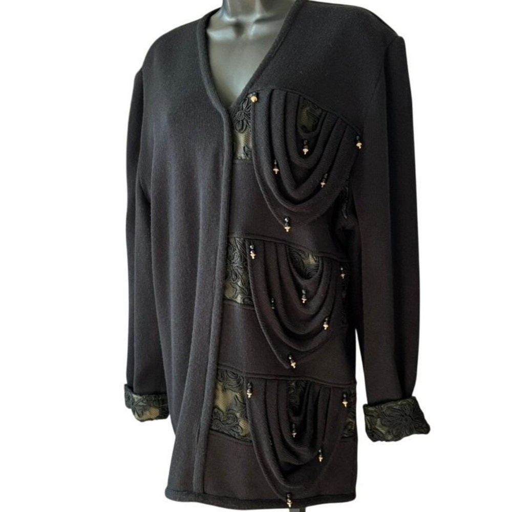 Vintage Cleo Hand Knit Sweater Sz L Wool Blend Black Lace Embellished Holiday